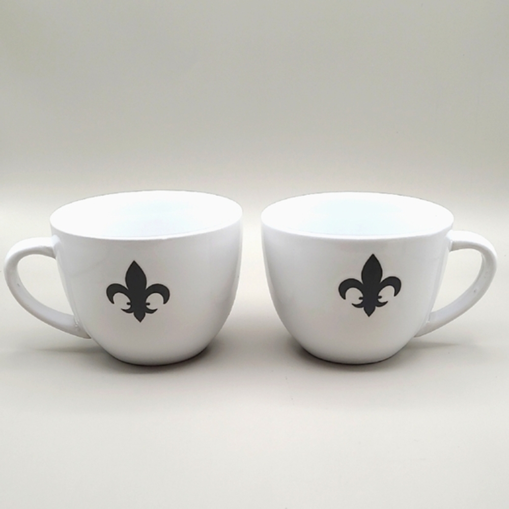 White Mugs with a Classic Black Fleur-de-lis, Set of 2